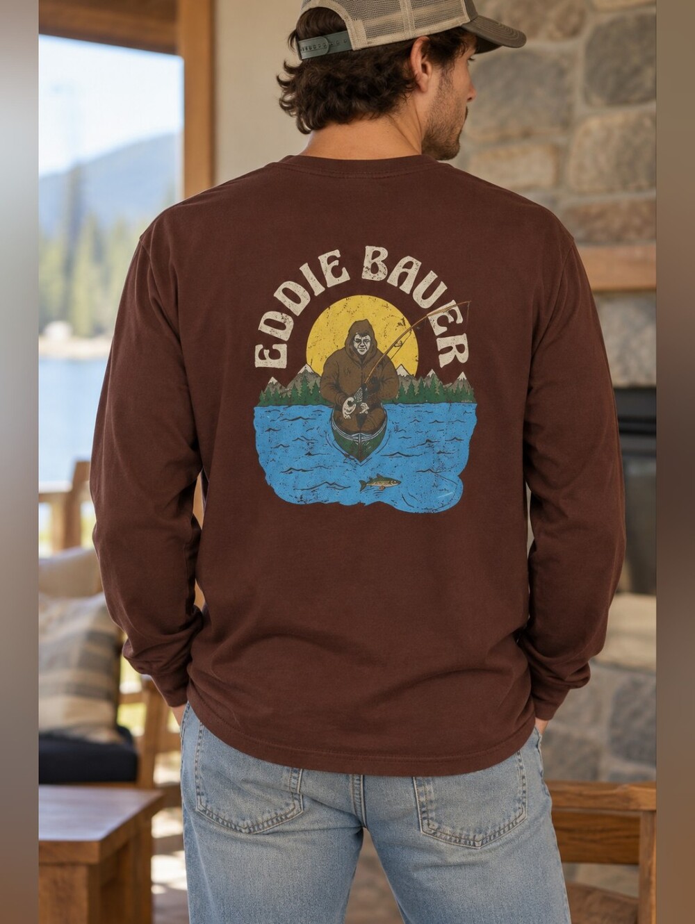 Eddie Bauer Brown Long-Sleeve Mens Graphic Back Tee